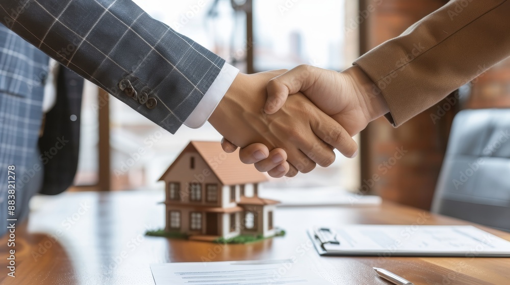 Poster a businessman shaking hands with a property buyer model home and contracts on the table ai generated