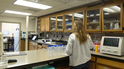 An environmental lab where scientists are analyzing soil and water samples. The lab features advanced detection and analysis equipment.
