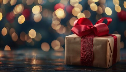 A beautifully wrapped gift box with a red bow and a bokeh of fairy lights, advertising a perfect Valentine's Day surprise, Free space for text Valentine's Day concept