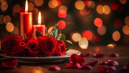 A romantic candlelit dinner with a bouquet of red roses and a bokeh effect, promoting a Valentine's Day celebration, Free space for text Valentine's Day concept