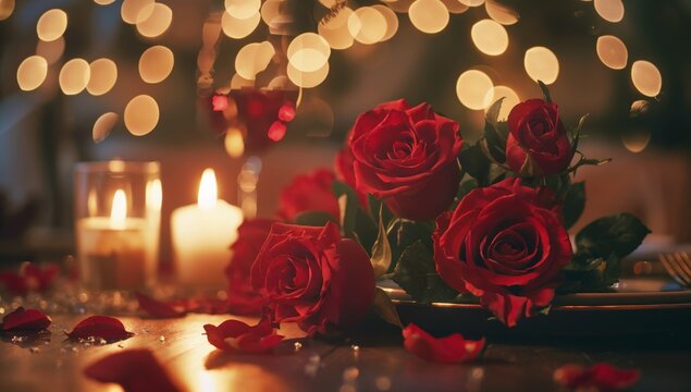 A romantic candlelit dinner with a bouquet of red roses and a bokeh effect, promoting a Valentine's Day celebration, Free space for text Valentine's Day concept