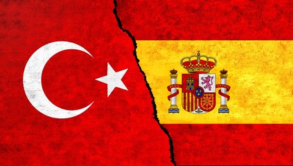 Turkey and Spain flag together on wall. Spain Turkey relations, economy, relationship, trade concept