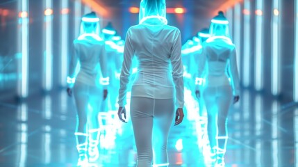 Futuristic Fashion Showcase: Models in Innovative Attire on a Neon-Lit Runway with Holographic Displays