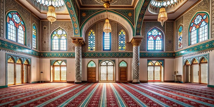 Mosque interior featuring intricate Islamic architecture and a room with a window, mosque, interior, Islamic, architecture, room