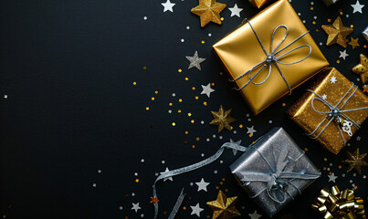 Gold and Silver Gift Boxes with Stars and Confetti on Black Background.