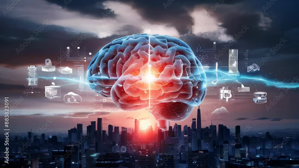 Poster brain with data integration and cityscape in background.