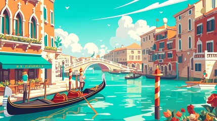 Cute cartoon landscape of the canals and gondolas of Venice, minimalist backgrounds, simple and colorful illustrations © fourtakig