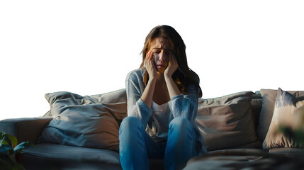 Obraz premium Upset young woman sitting on the sofa at home and wiping tears with a napkin, having an online consultation with a psychologist