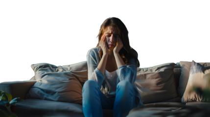 Upset young woman sitting on the sofa at home and wiping tears with a napkin, having an online consultation with a psychologist