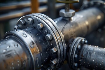 Close-up of industrial pipes with valves and gauges.