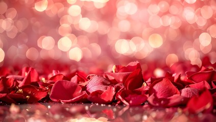 Obraz premium A lavish wedding setting with rose petals scattered and bokeh lights twinkling, an ideal promotion for a Valentine's Day greeting, Free space for text Valentine's Day concept