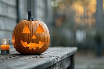 Fototapeta premium Jack-o'-lantern carved from an orange pumpkin.