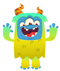 Cartoon cute monster with funny excited face expression with three eyes waving hands . Vector illustration isolated on white. Halloween design