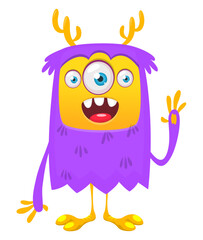 Cartoon cute monster with funny excited face expression with three eyes waving hands . Vector illustration isolated on white. Halloween design