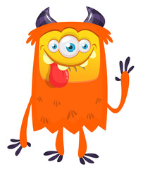 Naklejka premium Cartoon happy monster with long tongue sticking out of the mouth. Vector illustration isolated on white. For Halloween party or package design.
