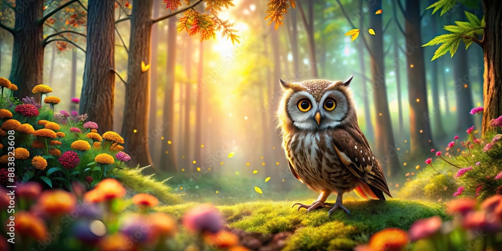 Poster Happy owl in a whimsical and colorful forest setting, owl, happy, cute, joyful, whimsical, colorful, forest, nature