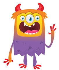 Cartoon cute monster with funny excited face expression with three eyes waving hands . Vector illustration isolated on white. Halloween design