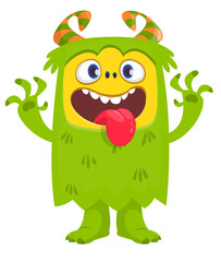 Fototapeta premium Cartoon happy monster with long tongue sticking out of the mouth. Vector illustration isolated on white. For Halloween party or package design.