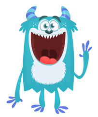 Cartoon cute monster yeti bigfoot with funny excited face expression waving hands