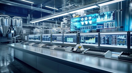 An industrial chemical process control room with operators using digital interfaces to monitor and adjust parameters.