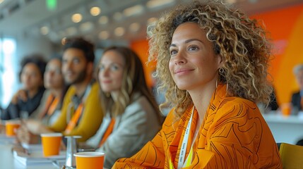 Woman in orange outfit attending a conference with colleagues in a modern office setting.