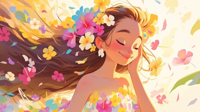 Cute cartoon Full body studio portrait of a woman in a flowing Polynesian muumuu dress, flowers in her hair illustrations