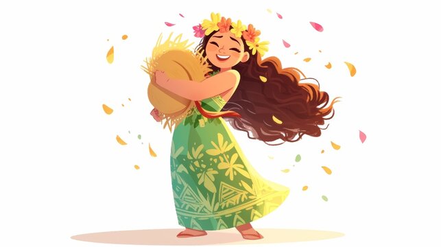 Cute cartoon Full body studio portrait of a woman in a flowing Polynesian muumuu dress, flowers in her hair illustrations