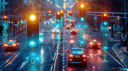 Fototapeta premium A smart city traffic system with autonomous vehicles and intelligent traffic lights