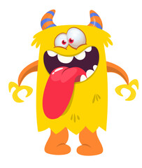 Cartoon happy monster with long tongue sticking out of the mouth.  Vector illustration isolated on white. For Halloween party or package design.