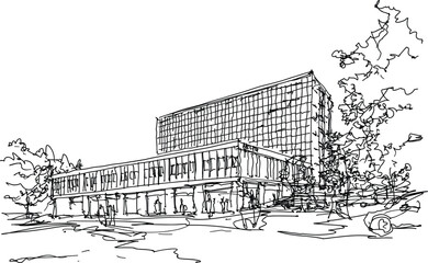 hand drawn architectural sketch of a modern generic office building