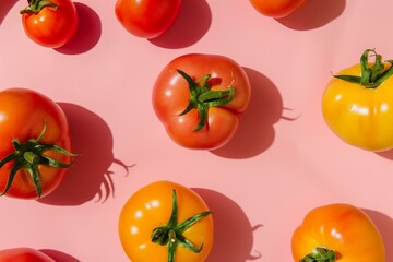different shape tomato and color pattern on a pastel pink background flat lay