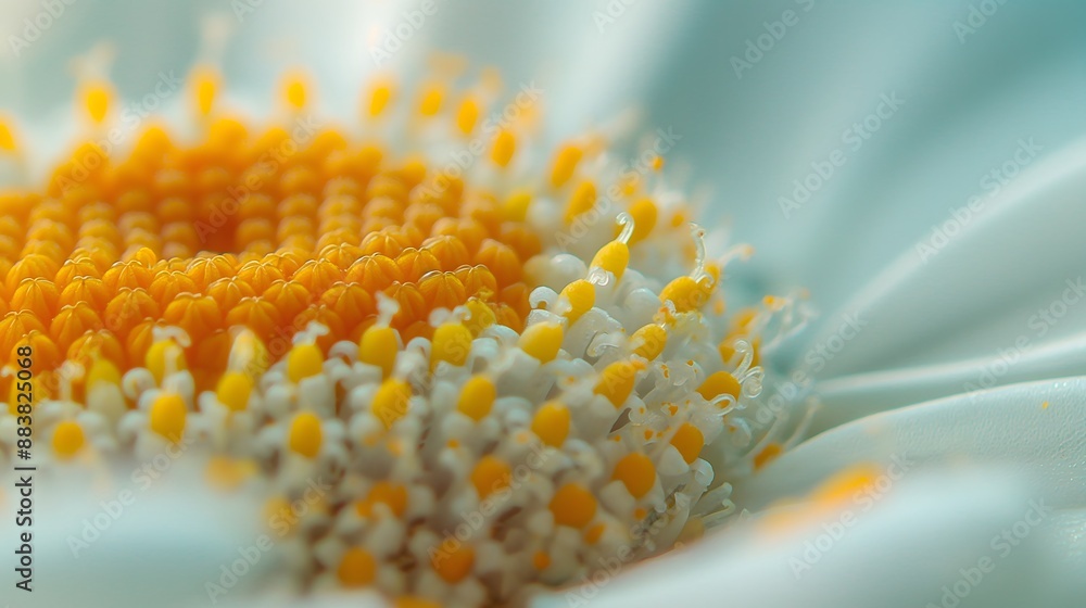 Poster 2. Super macro view of a chamomile flower petal, focusing on the tiny details of its surface and the fine, feathery structures that give it texture