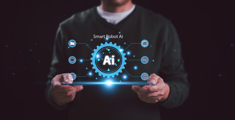 Fototapeta premium Ai, artificial intelligence technology for business concept. Smart robot automation tech service assistant. Developer big data learning tool to genrate innovative futuristic global network connection