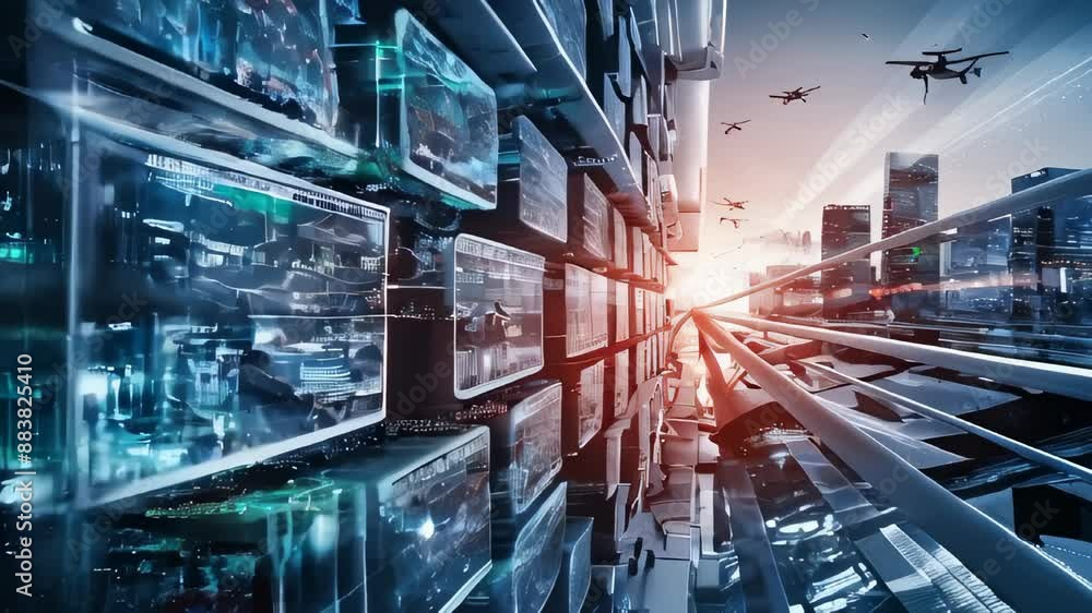 Poster blockchain network concept with digital blocks and cityscape.