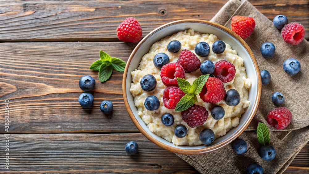 Wall mural Oatmeal porridge with blueberries and raspberries on background, top view, oatmeal, porridge, breakfast, healthy