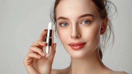 Fototapeta premium Beautiful girl holding Skincare Dropper Bottle Mockup