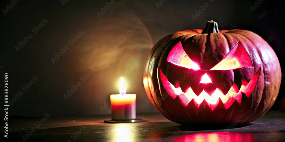 Poster A spooky Halloween pumpkin with a carved face illuminated by a candle, Jack-o-lantern, autumn, decoration, festive, orange