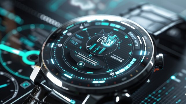 A smartwatch interface displaying a holographic personal assistant