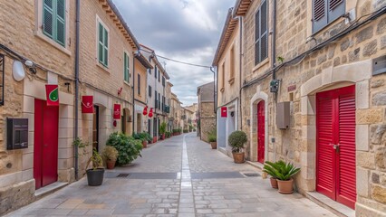 Charming narrow cobblestone streets of Alcudia Old Town in Majorca Mallorca, historic, beautiful, architecture