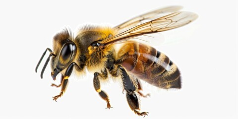 Stunning Bee in Flight Isolated on White Background, Macro View of Incredible Pollinator, AI-Generated 4K High-Definition Wallpaper for Zoology Books, Children's Storybooks, and Animal World Explorati