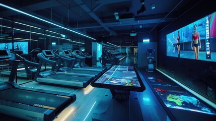 Obraz premium A state-of-the-art fitness center with AI personal trainers and biometric scanners
