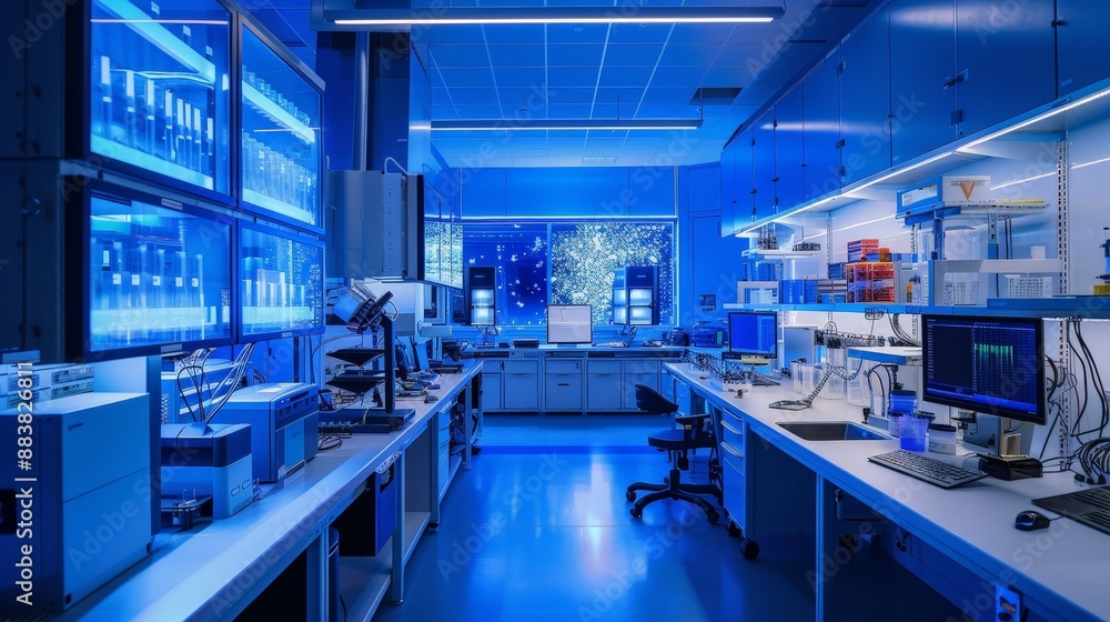 Poster an innovative lab focusing on nanotechnology, with researchers manipulating tiny particles. the room