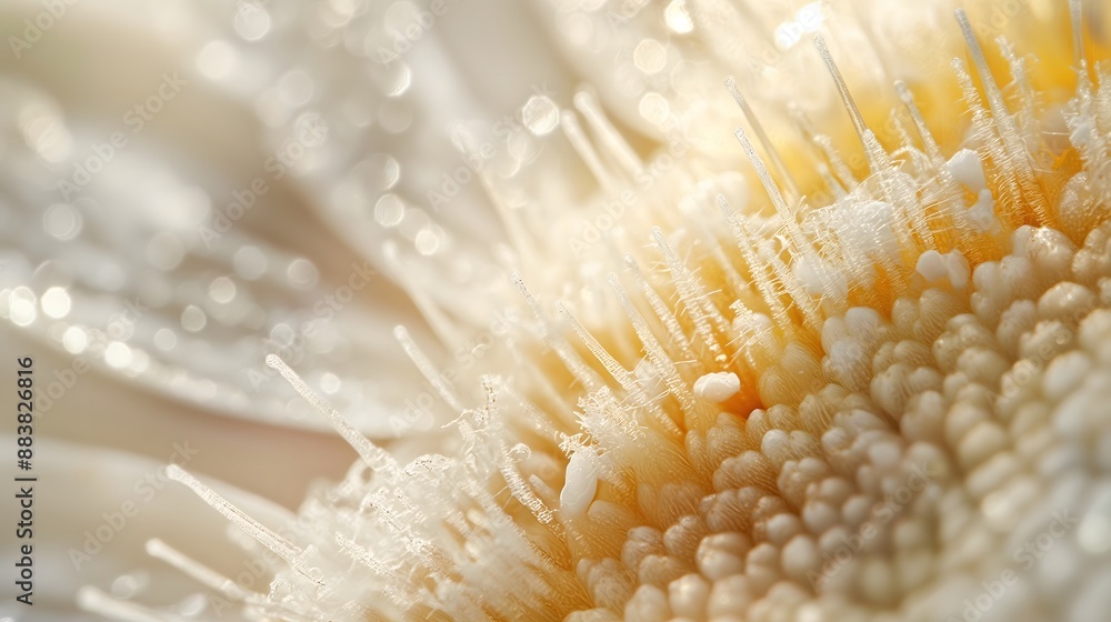Poster 2. super macro view of a chamomile flower petal, focusing on the tiny details of its surface and the