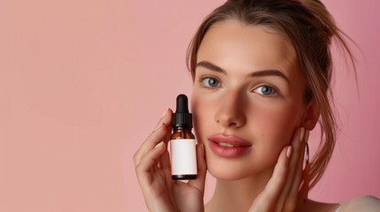 Fototapeta premium Beautiful girl holding Skincare Dropper Bottle Mockup