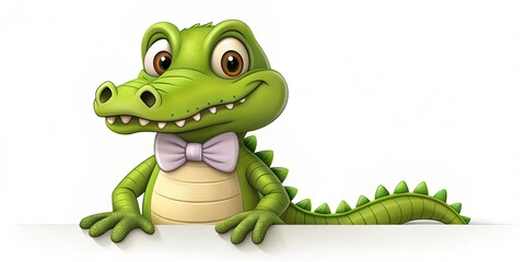 Fototapeta premium Adorable cartoon alligator wearing a bow tie, cute, funny, whimsical, reptile, character, design, bow tie, green, teeth
