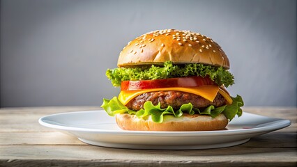 A delicious hamburger served on a white plate , fast food, burger, meal, lunch, American cuisine