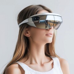 Naklejka premium A wearable augmented reality headset displaying interactive educational content for students studying biology