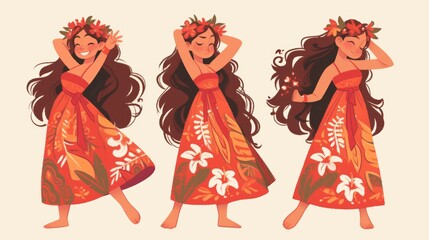 Cute cartoon Full body studio portrait of a woman in a flowing Polynesian muumuu dress, flowers in her hair illustrations