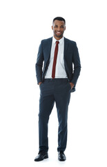 Suit, lawyer and happy black business man in studio isolated on white background. Professional attorney, portrait and confident employee, legal advocate and African advisor in law firm for career