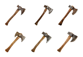collection of axe with wooden handle isolated on a transparent background, cut out, PNG